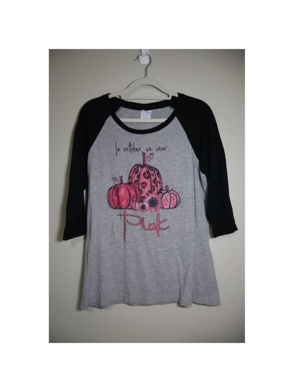 Breast Cancer Awareness Port & Company Raglan Tee S Gray Pink Pumpkin Graphic